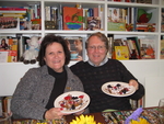 Brenda & Keith with gingerbread waffle dessert Chef Art Smith made for us.